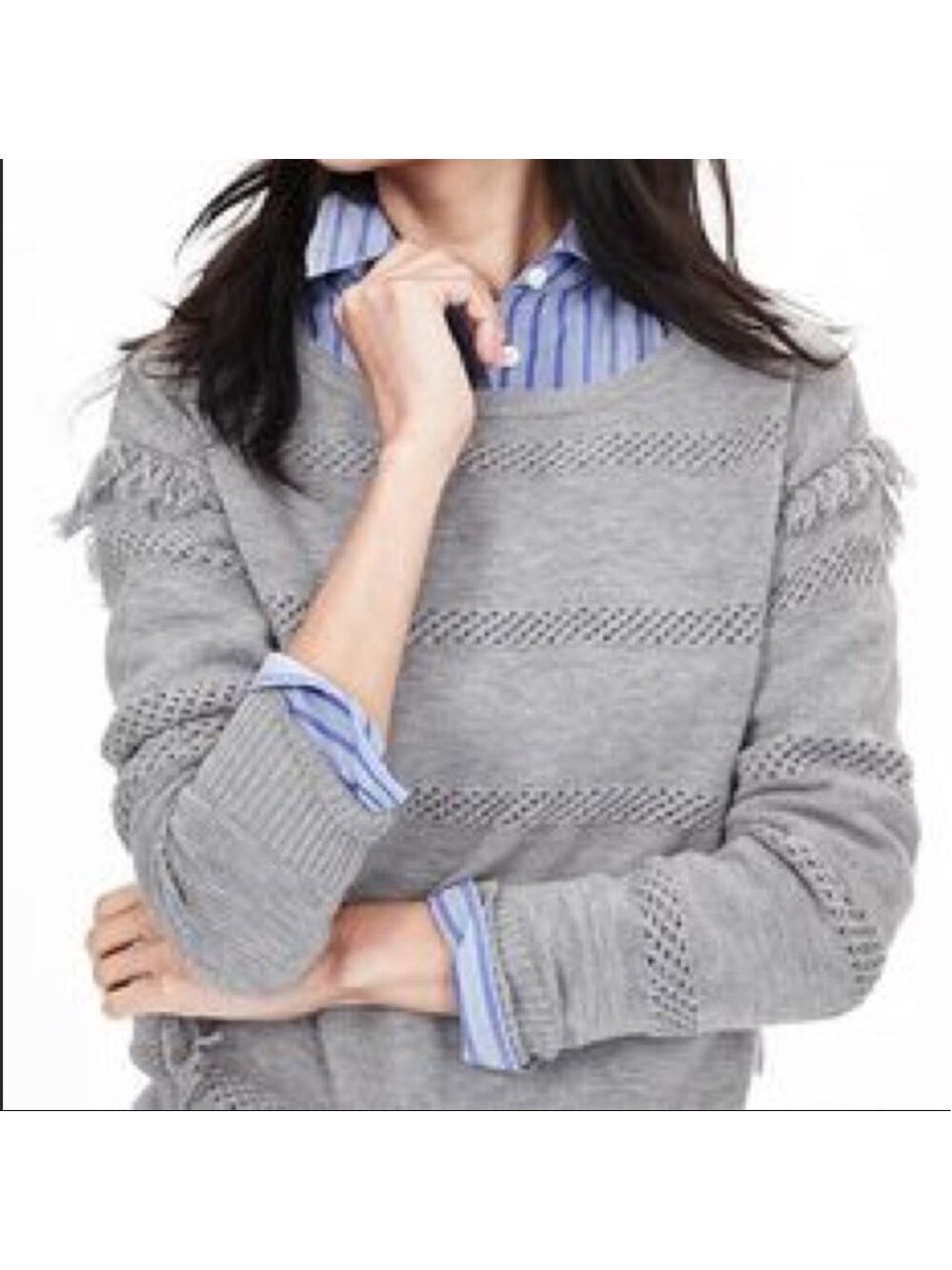 BANANA Republic Gray Merino Wool Blend Sweater with Fringe Detail Size S